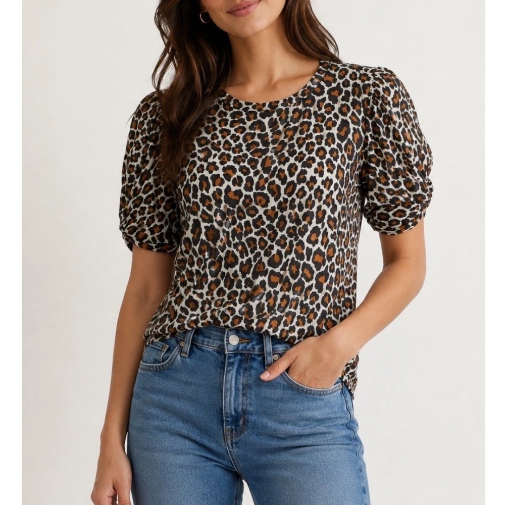 A.L.C. Kati Leopard Print Puff Sleeve Tee Top Small